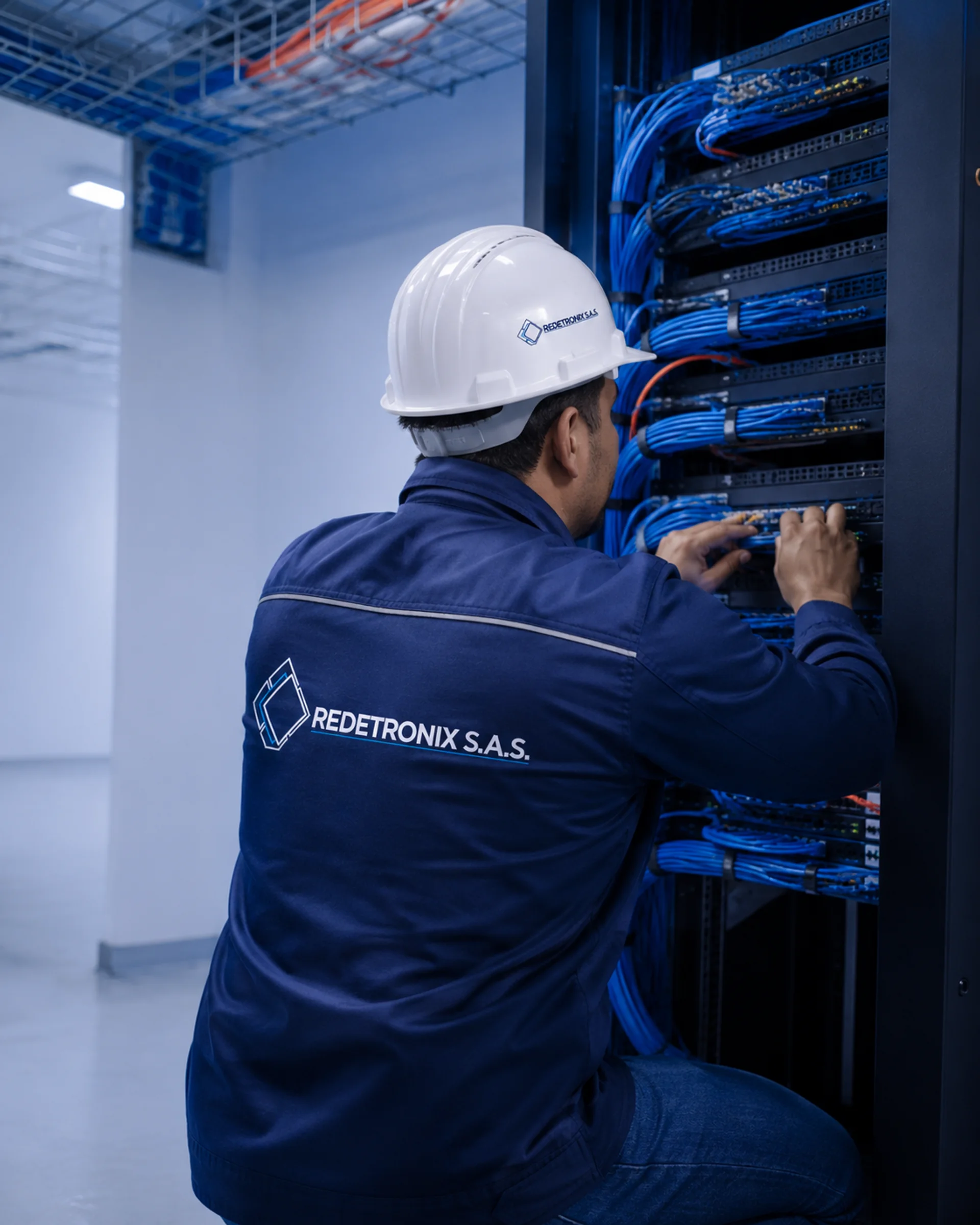 Técnico de Redetronix ejecutando trabajos de infraestructura de telecomunicaciones